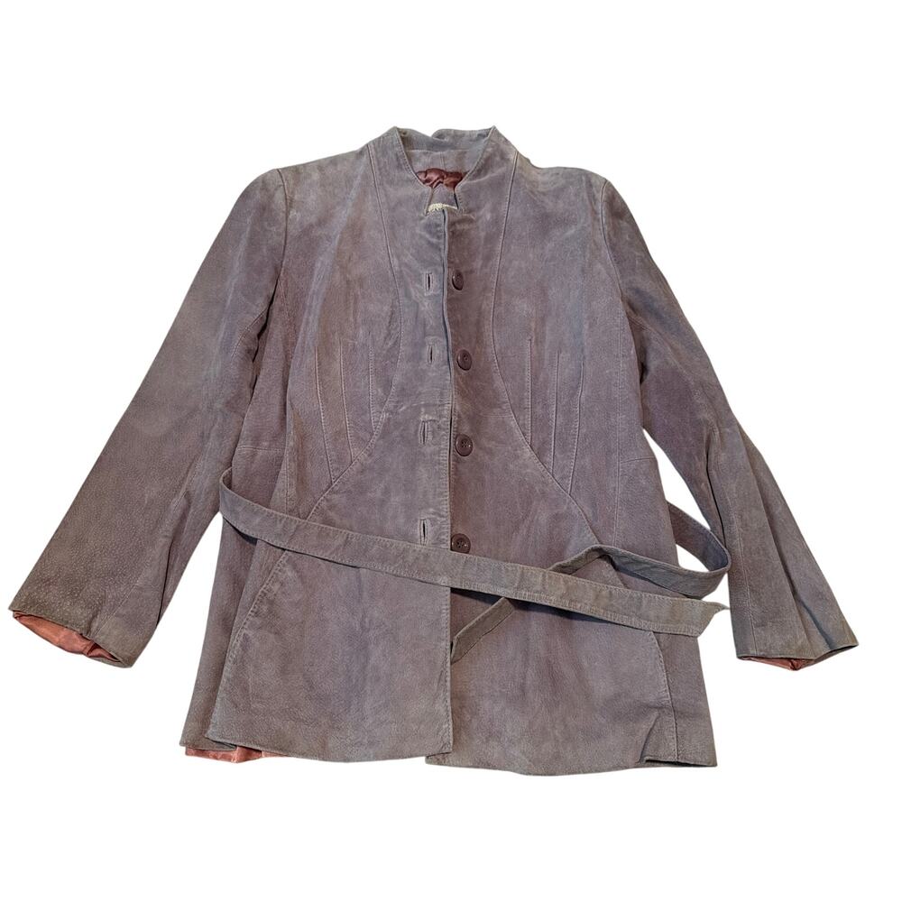 Vintage 80s Purple Suede Leather Trench Coat Midi Jacket Belted M L Whimsigoth